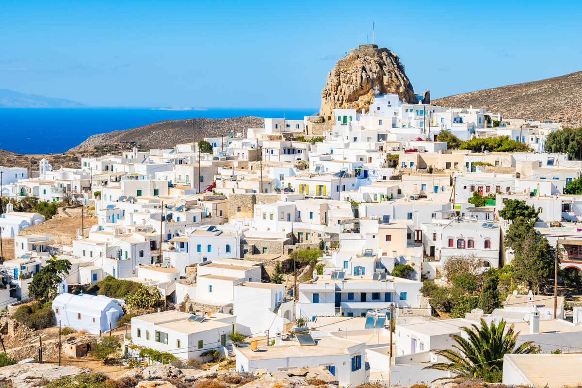 Panoramic View Of The Whitewashed Chora Of Amorgos, Cyclades Island Group Of Greece, Southern Europe